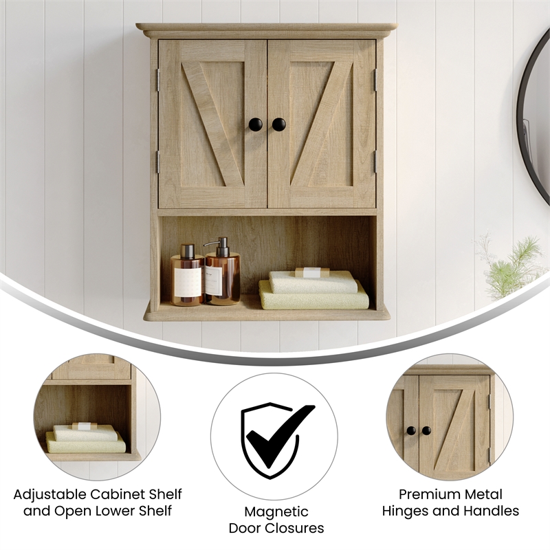 Pemberly Row Wall Mount Medicine Cabinet with Shelf & Dual Doors in Brown