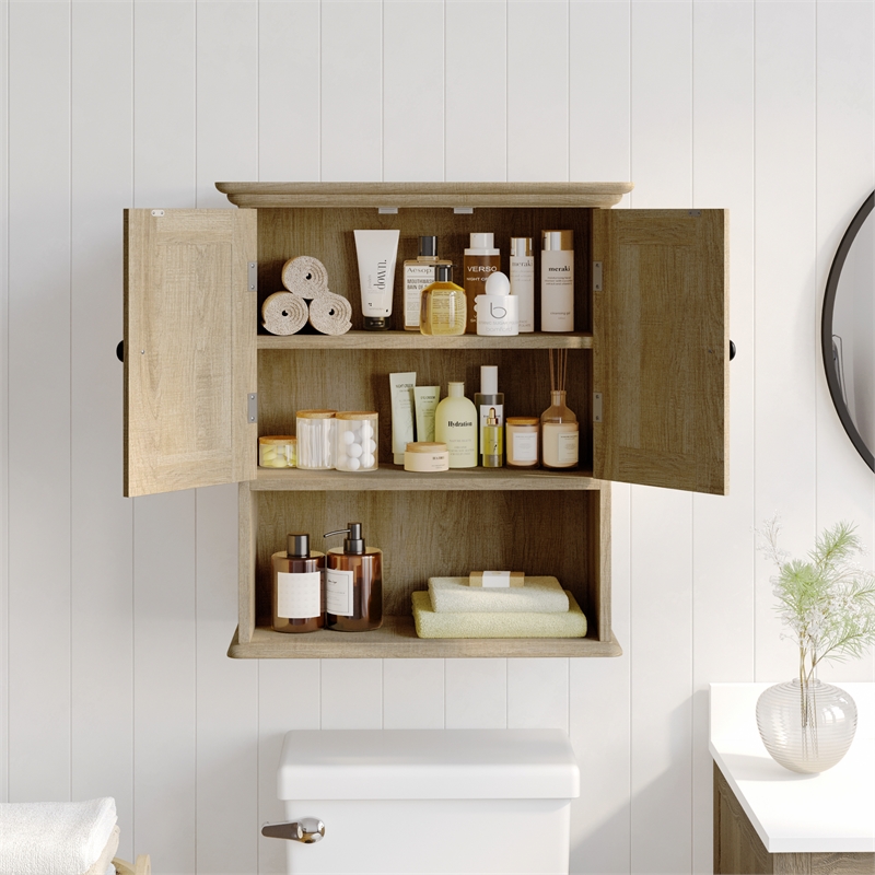 Pemberly Row Wall Mount Medicine Cabinet with Shelf & Dual Doors in Brown