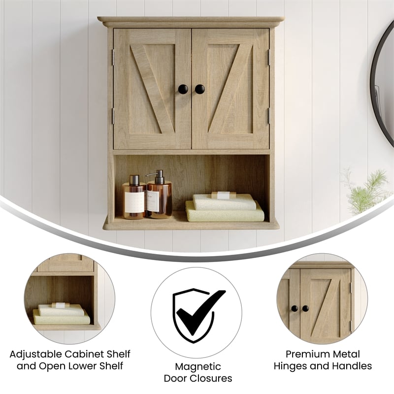Pemberly Row Wall Mount Medicine Cabinet with Shelf & Dual Doors in Brown