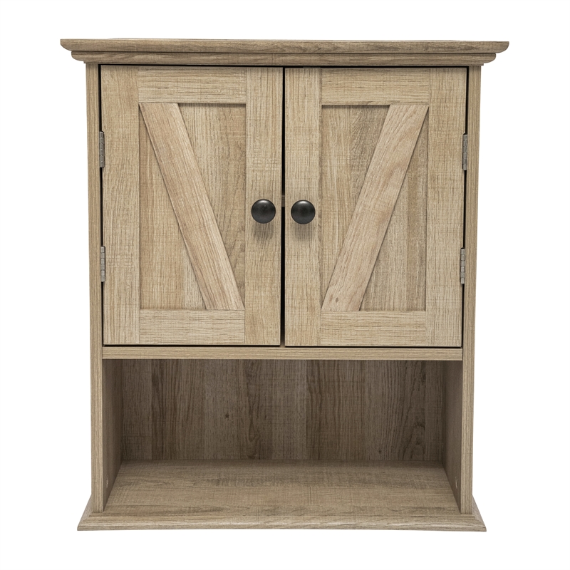 Pemberly Row Wall Mount Medicine Cabinet with Shelf & Dual Doors in Brown