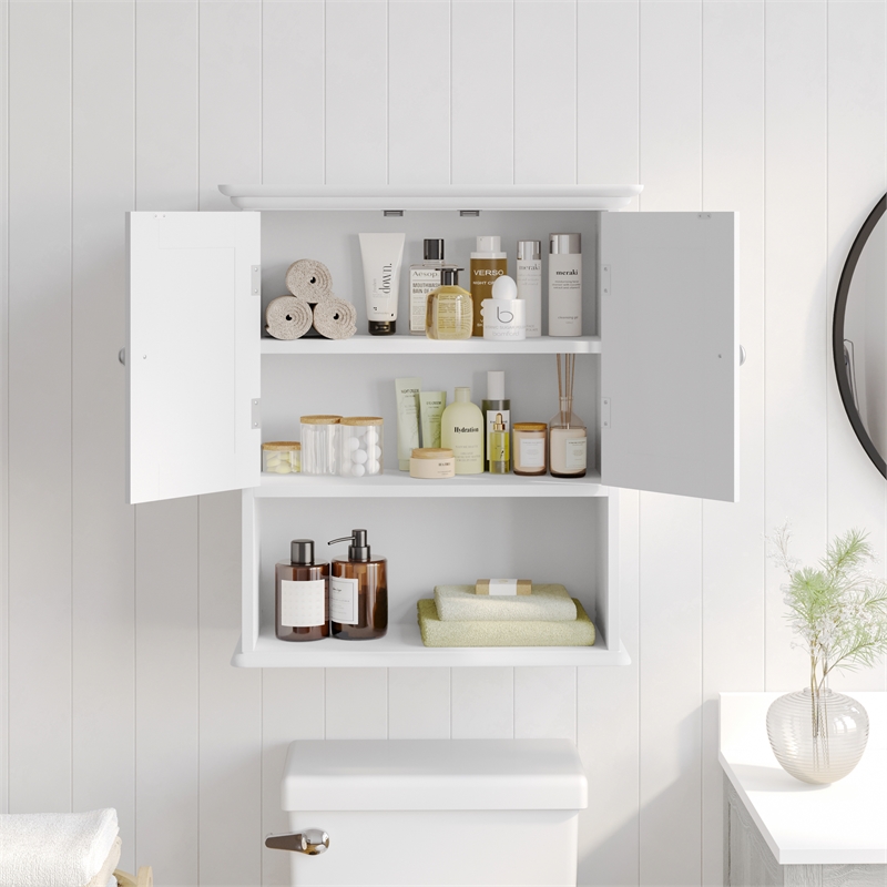 Pemberly Row Wall Mount Medicine Cabinet with Shelf & Dual Doors in White