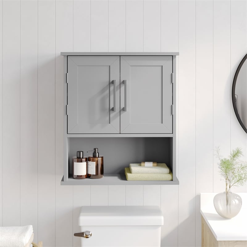 Pemberly Row Bathroom Wall Mount Medicine Cabinet with Magnetic Doors in Gray