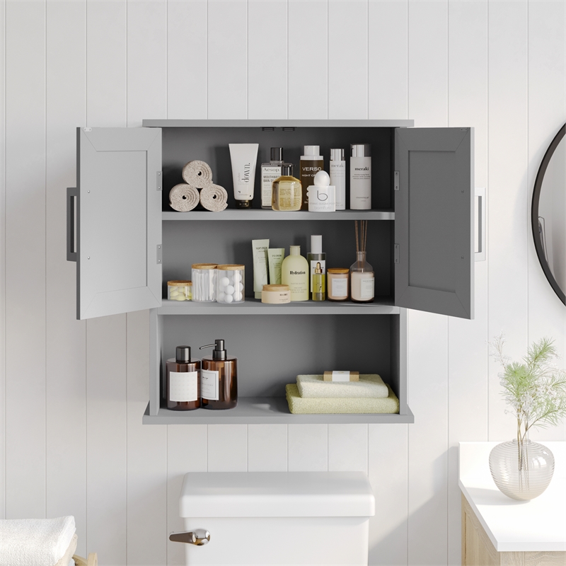Pemberly Row Bathroom Wall Mount Medicine Cabinet with Magnetic Doors in Gray