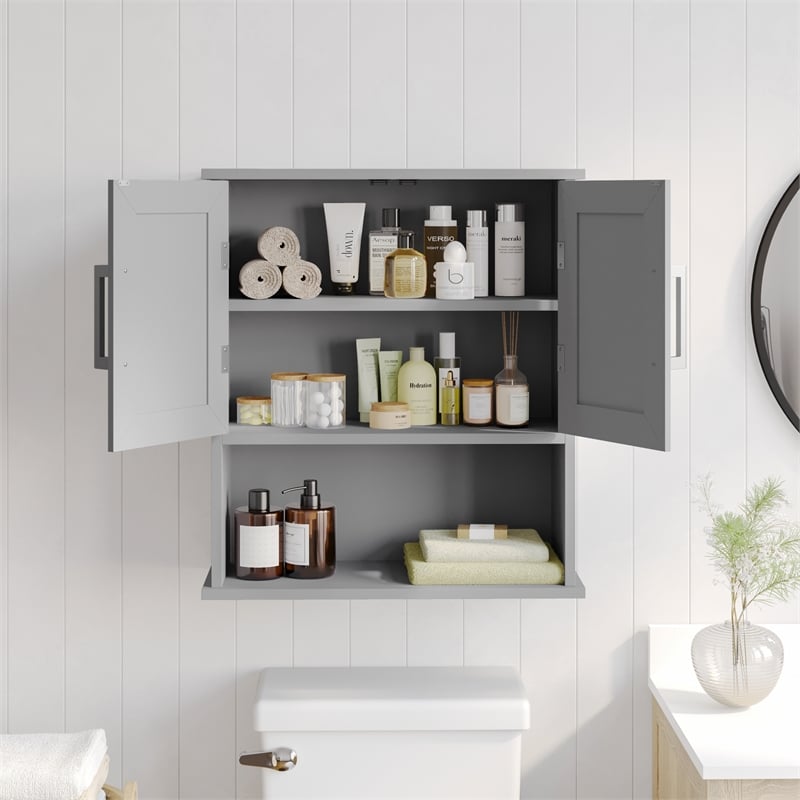 Pemberly Row Bathroom Wall Mount Medicine Cabinet with Magnetic Doors in Gray