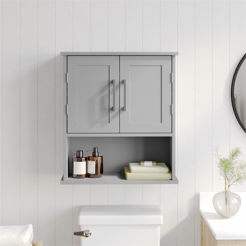 Pemberly Row Bathroom Wall Mount Medicine Cabinet with Magnetic Doors in Gray