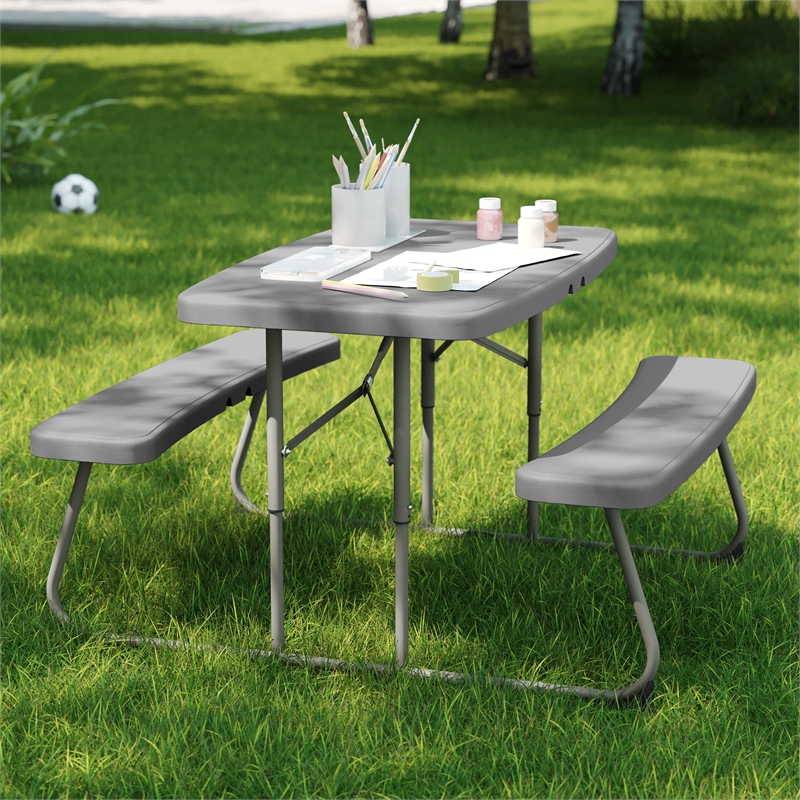 Pemberly Row Indoor/Outdoor Kids Gray Folding Picnic Table with Benches