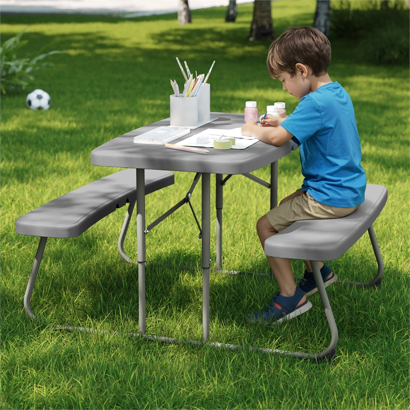 Pemberly Row Indoor/Outdoor Kids Gray Folding Picnic Table with Benches