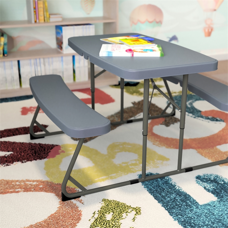 Pemberly Row Indoor/Outdoor Kids Gray Folding Picnic Table with Benches