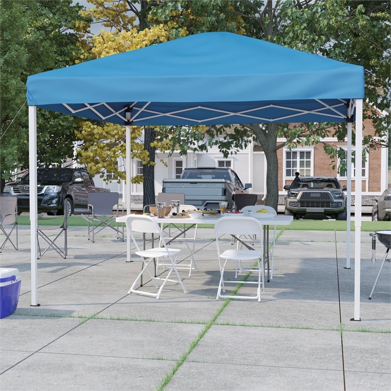 Pemberly Row 10' x 10' Blue Pop Up Canopy with Folding Table and 4 White Chairs