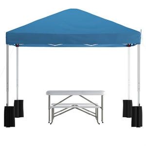 Pemberly Row 10' x 10' Blue Pop Up Canopy with Folding Table and Benches Set