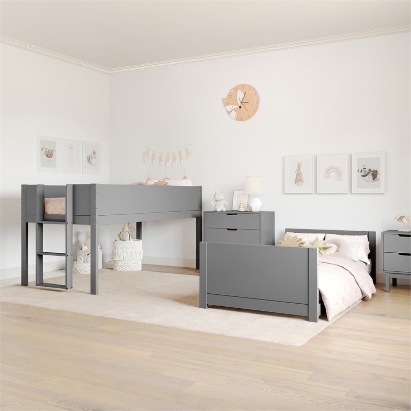 Pemberly Row Twin Over Twin Solid Wood Bunk Bed Frame for Kids in Gray