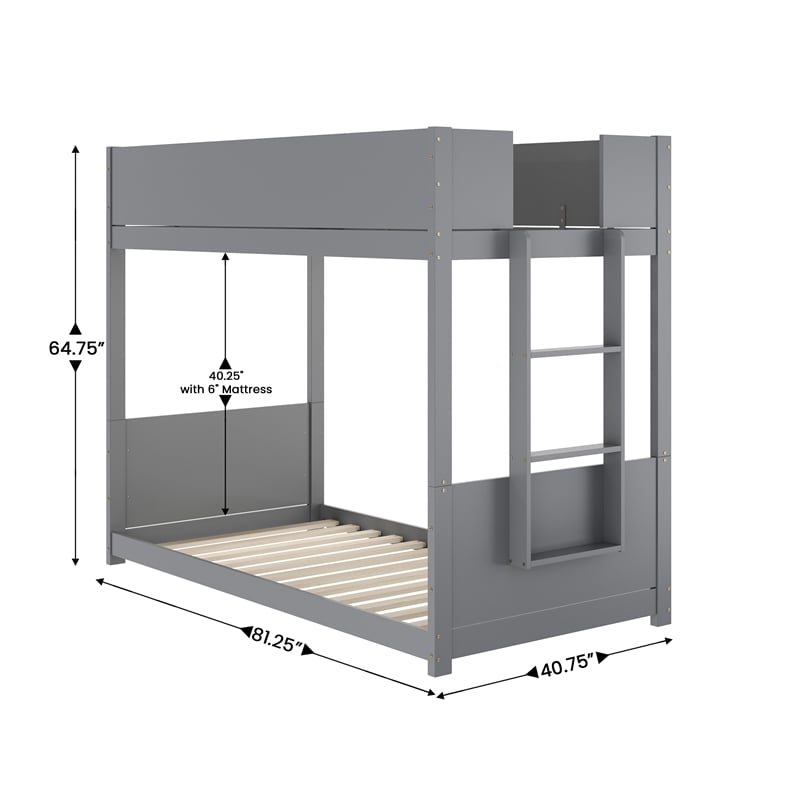 Pemberly Row Twin Over Twin Solid Wood Bunk Bed Frame for Kids in Gray