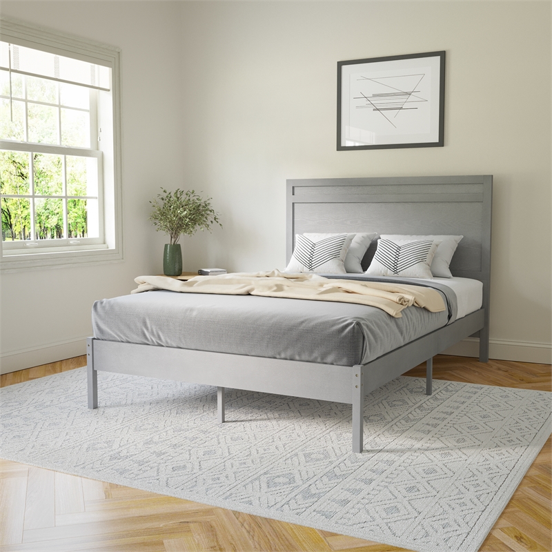 Pemberly Row Solid Wood Full Platform Bed with Headboard and Slats in Gray