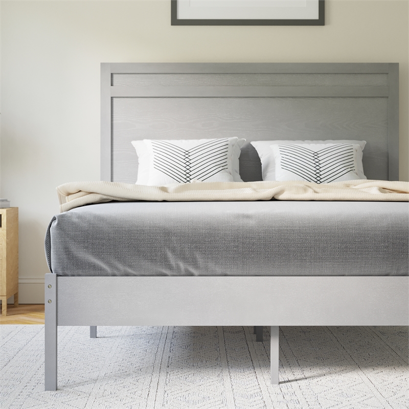 Pemberly Row Solid Wood Full Platform Bed with Headboard and Slats in Gray