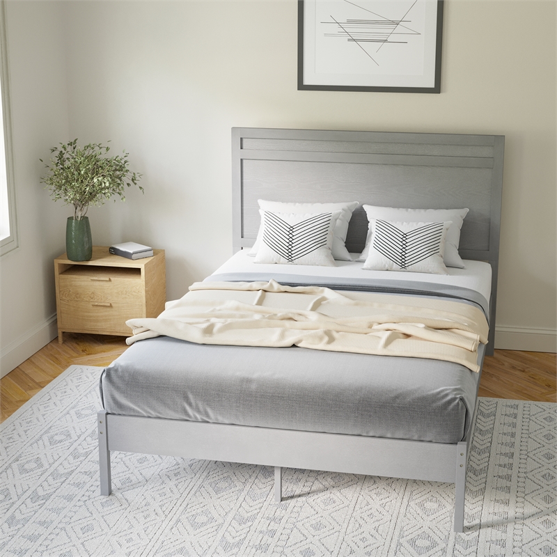 Pemberly Row Solid Wood Full Platform Bed with Headboard and Slats in Gray