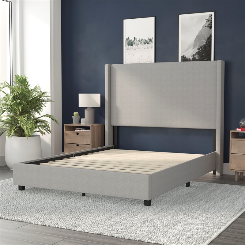 Pemberly Row Queen Upholstered Platform Bed with Channel Stitched Headboard