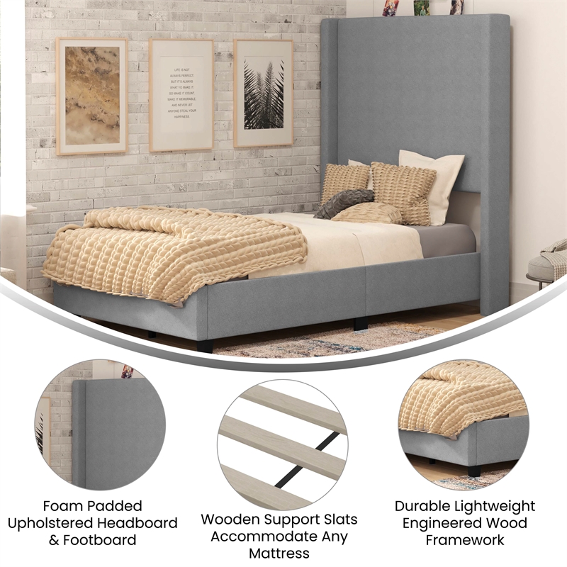 Pemberly Row Twin Upholstered Platform Bed with Channel Stitched Headboard