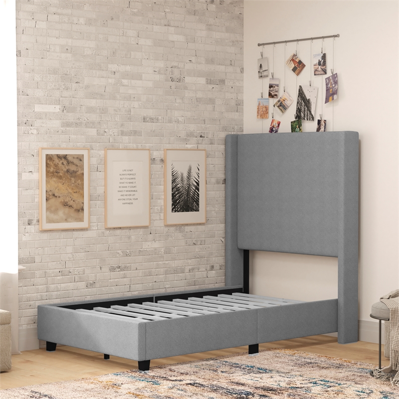 Pemberly Row Twin Upholstered Platform Bed with Channel Stitched Headboard