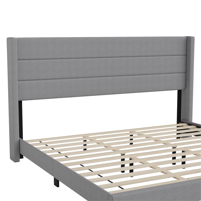 Pemberly Row King Upholstered Platform Bed with Wingback Headboard in Gray