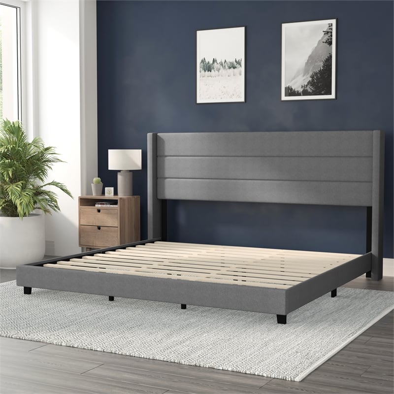 Pemberly Row King Upholstered Platform Bed with Wingback Headboard in Gray