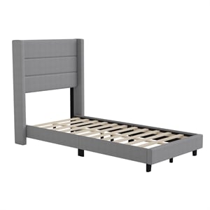 Pemberly Row Twin Upholstered Platform Bed with Wingback Headboard in Gray