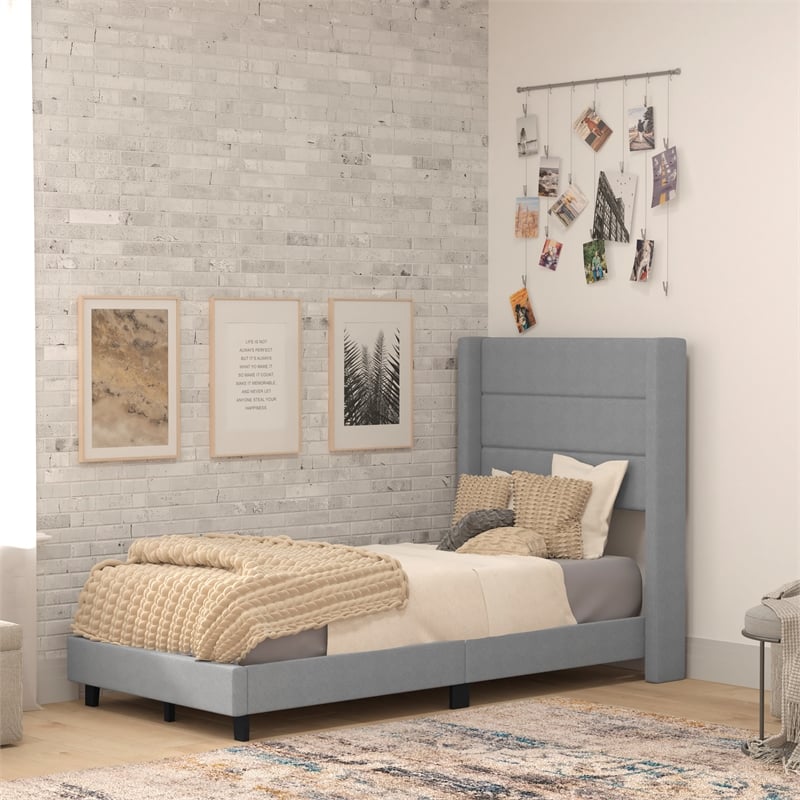 Pemberly Row Twin Upholstered Platform Bed with Wingback Headboard in Gray