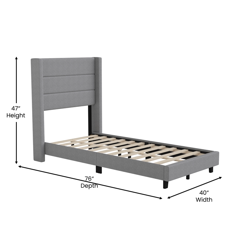 Pemberly Row Twin Upholstered Platform Bed with Wingback Headboard in Gray