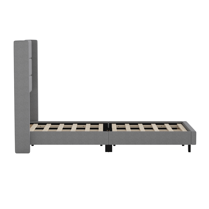 Pemberly Row Twin Upholstered Platform Bed with Wingback Headboard in Gray
