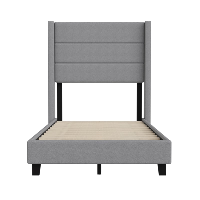 Pemberly Row Twin Upholstered Platform Bed with Wingback Headboard in Gray