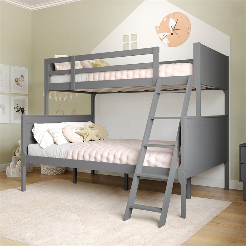 Pemberly Row Twin Over Full Solid Wood Bunk Bed Frame for Kids in Gray