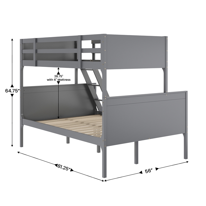 Pemberly Row Twin Over Full Solid Wood Bunk Bed Frame for Kids in Gray