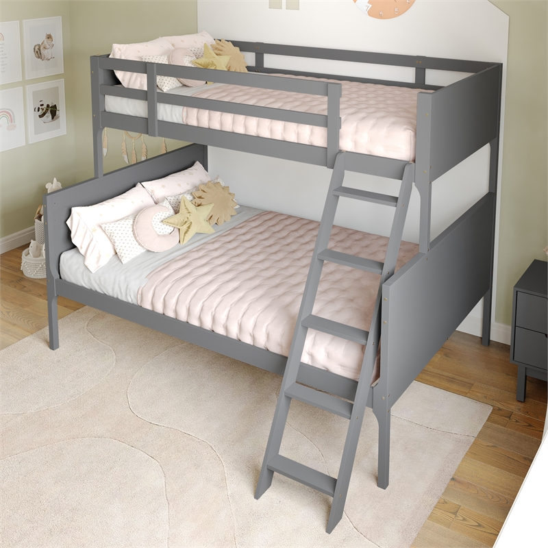 Pemberly Row Twin Over Full Solid Wood Bunk Bed Frame for Kids in Gray