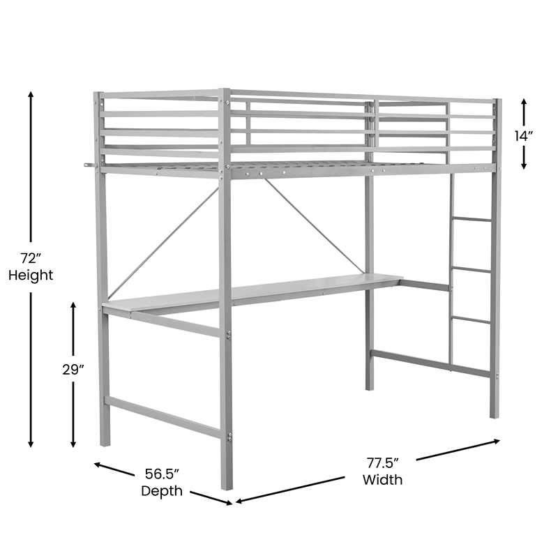 Pemberly Row Sturdy Metal Twin Loft Bed Frame with Desk and Safety Rails in Gray