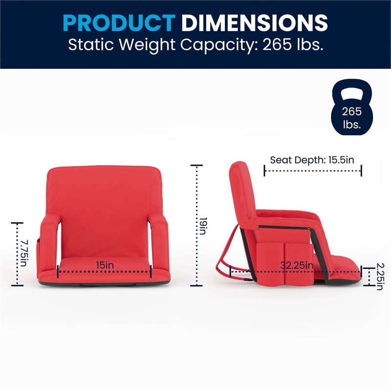 Pemberly Row 2 Pack Reclining Backpack Padded Stadium Chairs with Armrests - Red