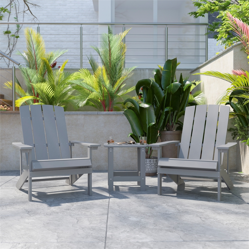 Pemberly Row Indoor/Outdoor Adirondack Side Table and 2 Chair Set in Gray