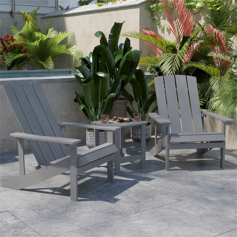 Pemberly Row Indoor/Outdoor Adirondack Side Table and 2 Chair Set in Gray