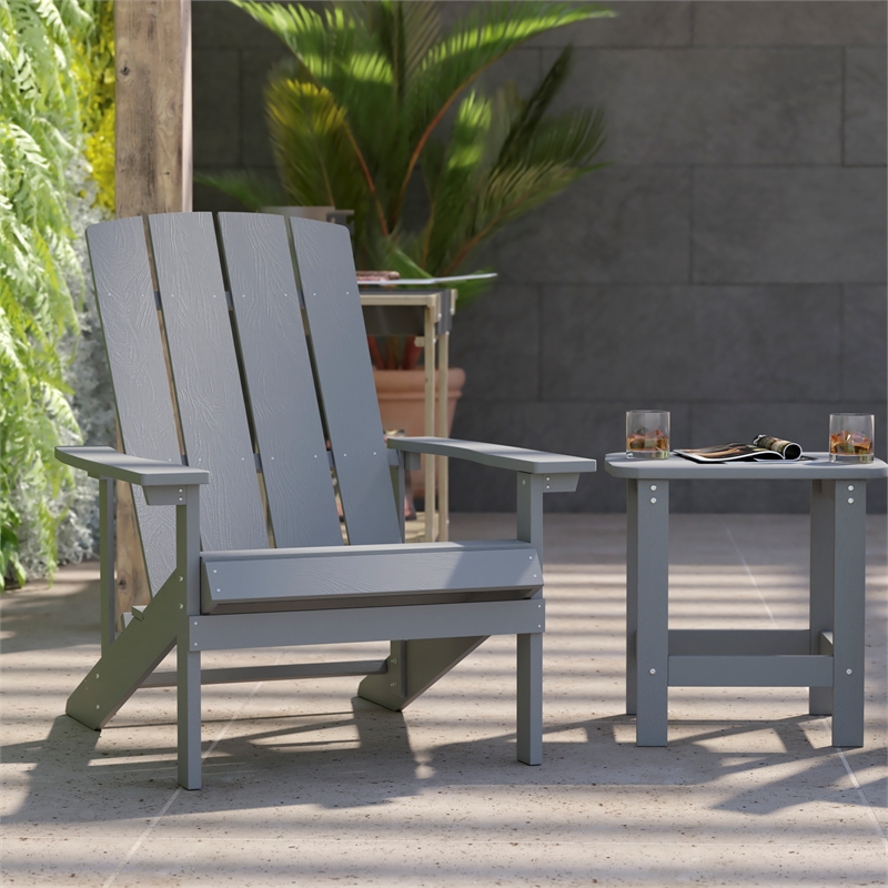 Pemberly Row Indoor/Outdoor Adirondack Side Table and 2 Chair Set in Gray