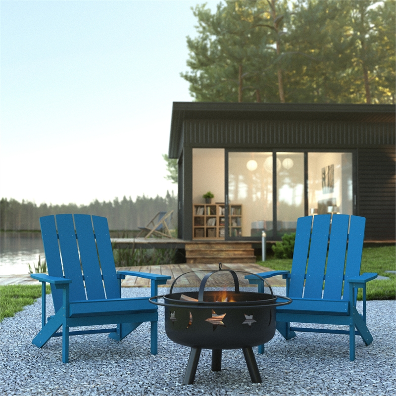Pemberly Row Star and Moon Fire Pit with Cover and 2 Blue Adirondack Chairs