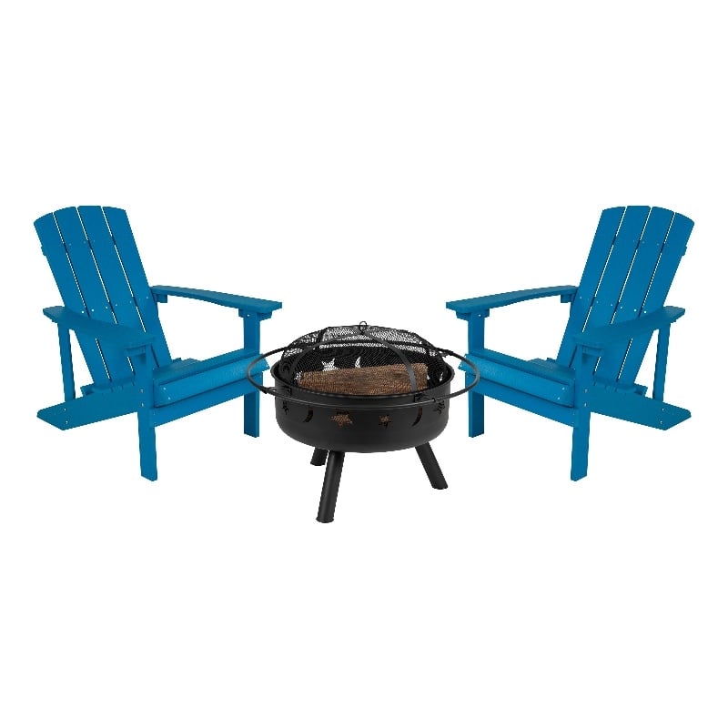 Pemberly Row Star and Moon Fire Pit with Cover and 2 Blue Adirondack Chairs