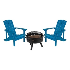Pemberly Row Star and Moon Fire Pit with Cover and 2 Blue Adirondack Chairs