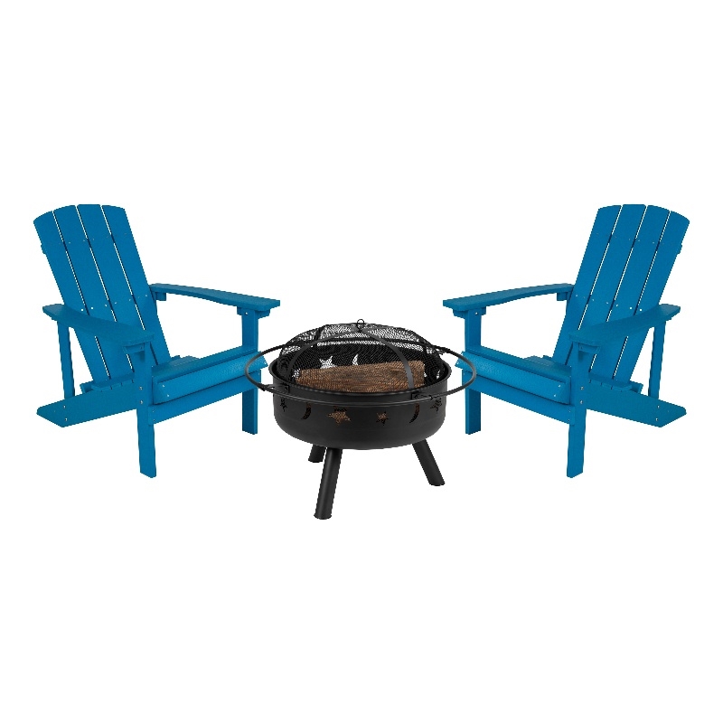 Pemberly Row Star and Moon Fire Pit with Cover and 2 Blue Adirondack Chairs