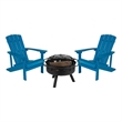 Pemberly Row Star and Moon Fire Pit with Cover and 2 Blue Adirondack Chairs