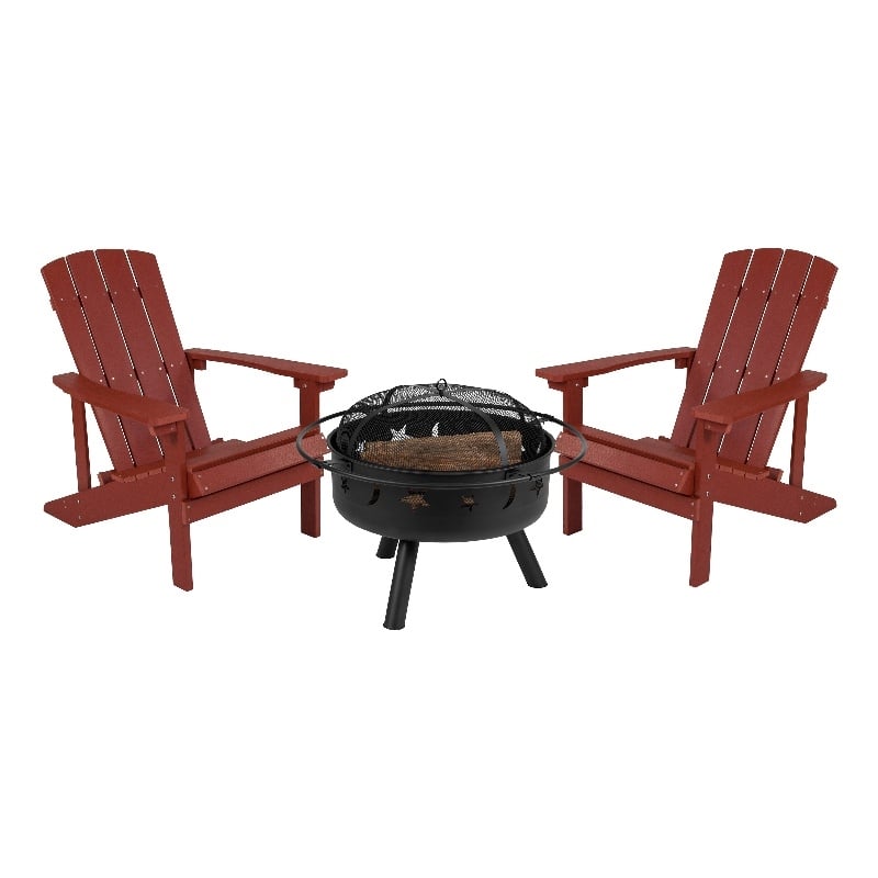 Pemberly Row Star and Moon Fire Pit with Cover and 2 Red Adirondack Chairs