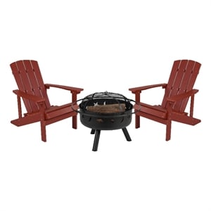 Pemberly Row Star and Moon Fire Pit with Cover and 2 Red Adirondack Chairs