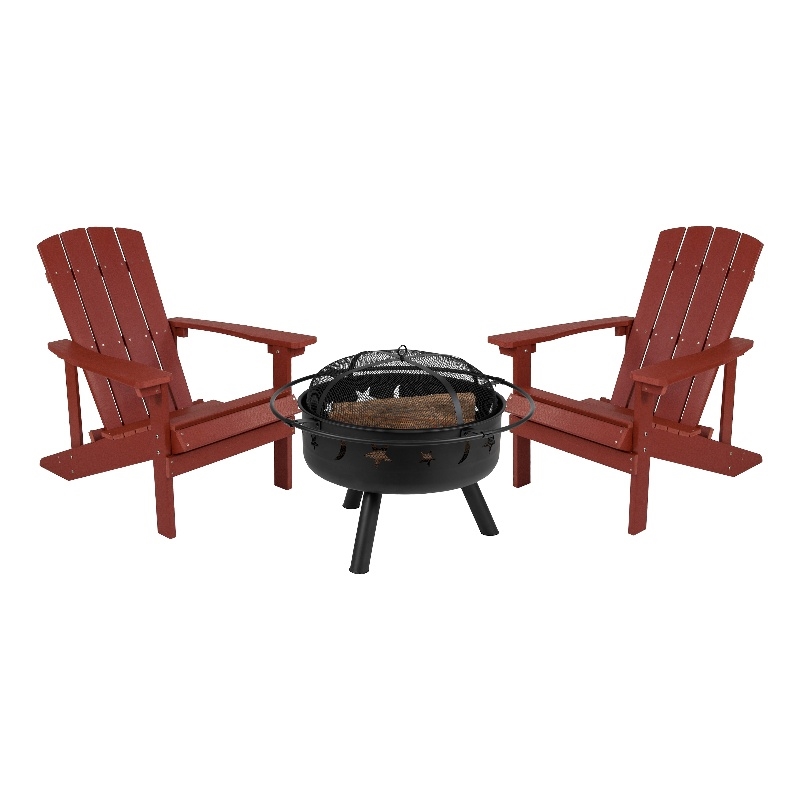 Pemberly Row Star and Moon Fire Pit with Cover and 2 Red Adirondack Chairs