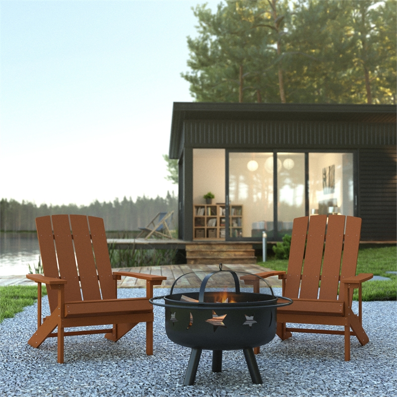 Pemberly Row Star and Moon Fire Pit with Cover and 2 Teak Adirondack Chairs