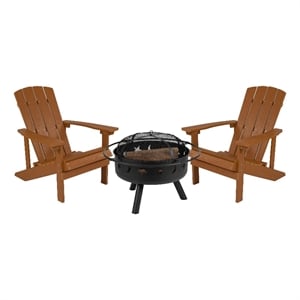 Pemberly Row Star and Moon Fire Pit with Cover and 2 Teak Adirondack Chairs