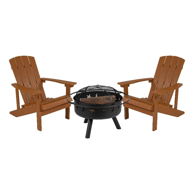Pemberly Row Star and Moon Fire Pit with Cover and 2 Teak Adirondack Chairs