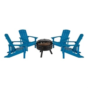 Pemberly Row Star and Moon Fire Pit with Cover and 4 Blue Adirondack Chairs