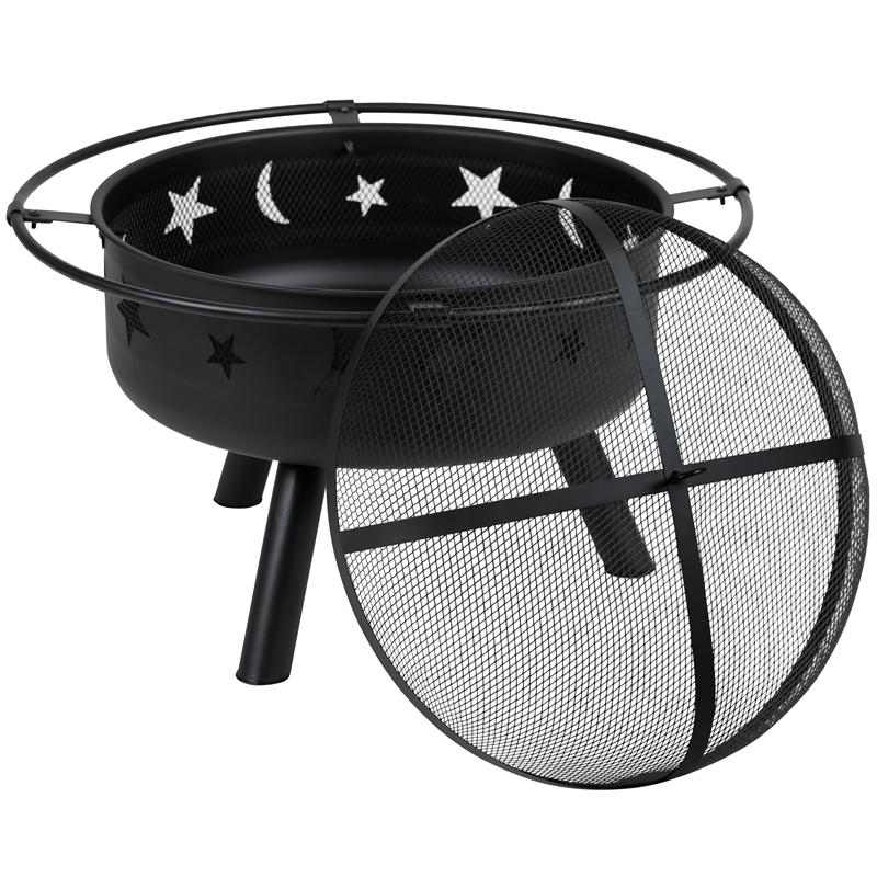 Pemberly Row Star and Moon Fire Pit with Cover and 4 Blue Adirondack Chairs